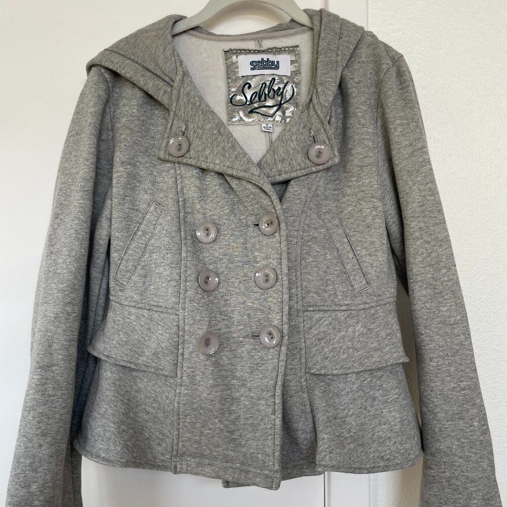 Sebby Gray Hooded‎ Pea Coat Jacket, Double Breasted, Front Pockets Size Small